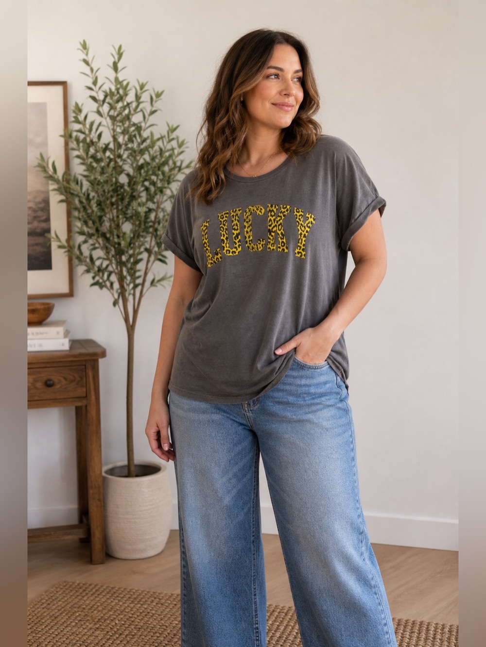 Lucky Brand Charcoal Tee with Yellow Leopard Print